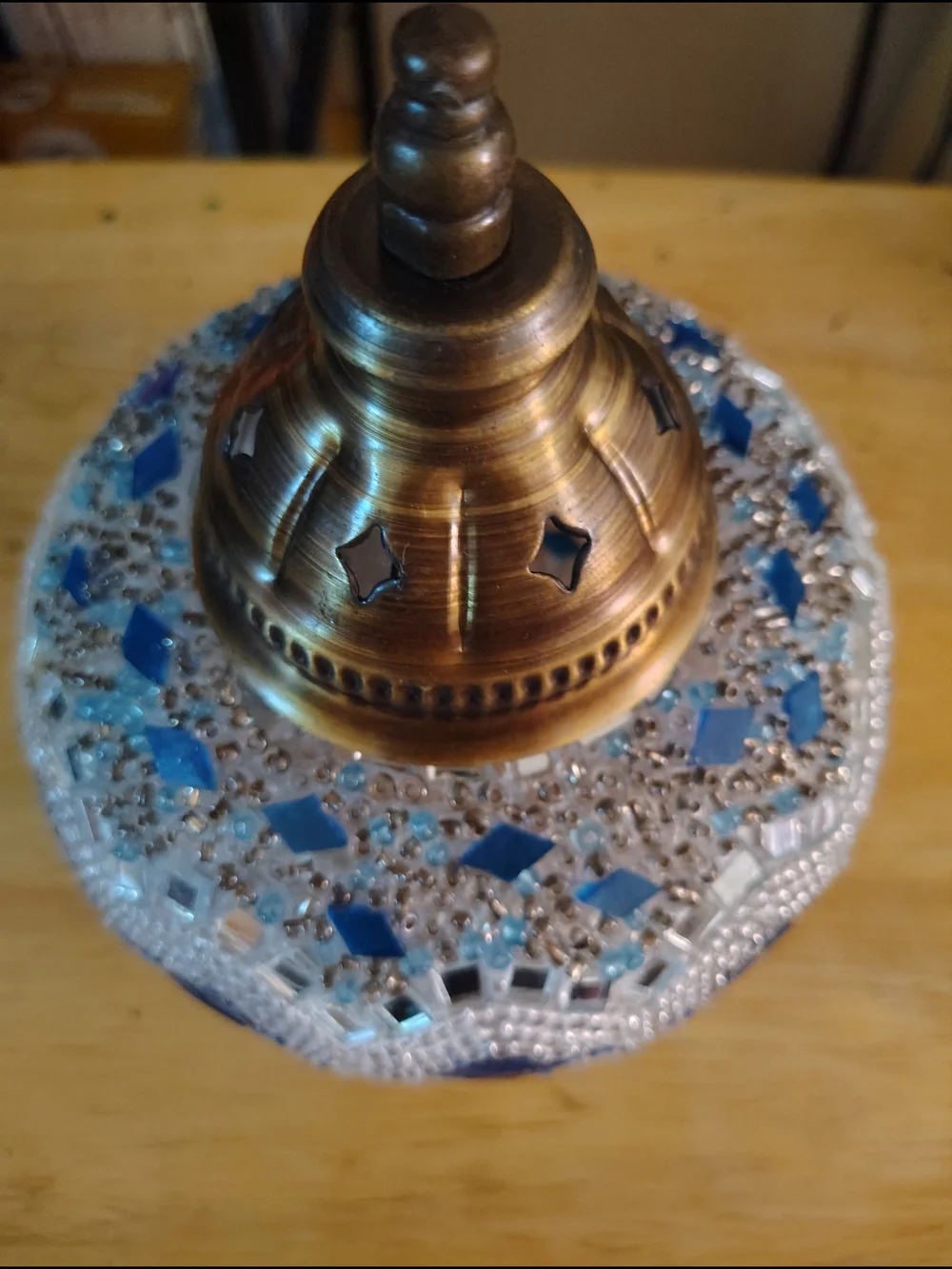 Handcrafted Mosaic Blue Glass Lantern with Antique Brass Accent - Unbranded